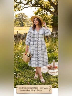 Plaid Button Front Seersucker Picnic Midi Dress - 2XL Plus Size